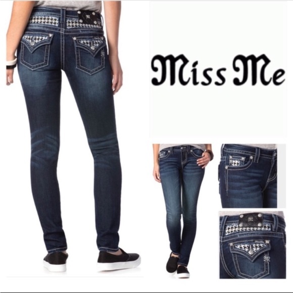 Miss Me Houndstooth Sparkle Flap Pocket Mid Rise Skinny Stonewashed Jeans - Picture 2 of 10